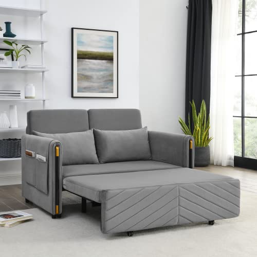 54" Modern Velvet Convertible Sofa Bed with 2 Detachable Arm Pockets, Velvet Loveseat Multi-position adjustable Sofa, Pull Out Bed with Bedhead, Sofa Sleeper with 2 Pillows for Living Room, Gray