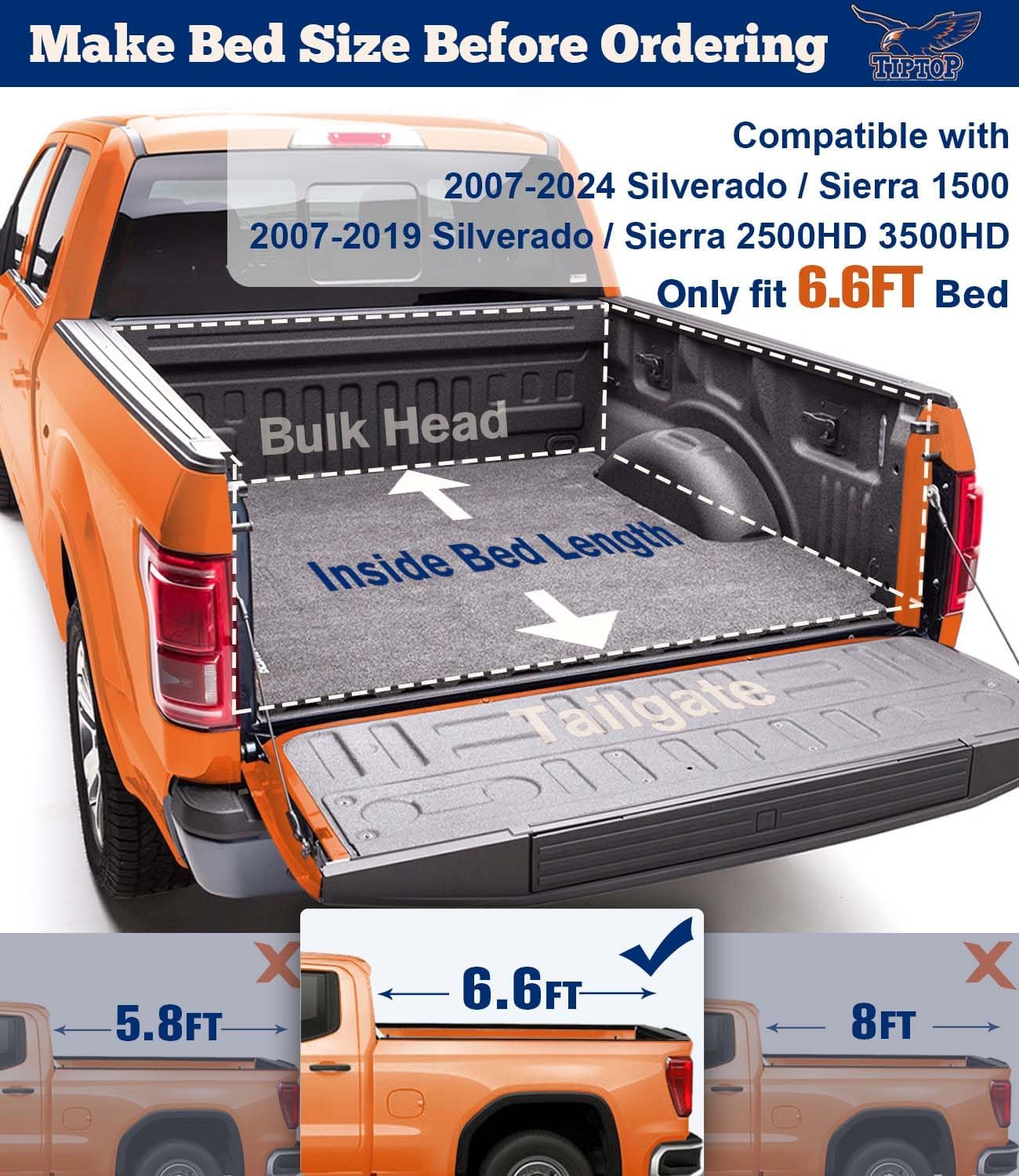 TIPTOP Tri-Fold Hard Tonneau Cover Truck Bed FRP On Top for 2007-2024 Silverado/Sierra 1500 & 2007-2019 2500 3500 HD 6.6ft Bed (78.9") |Not for CarbonPro Bed| TPM3 |
