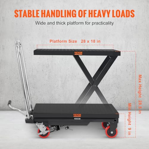 VEVOR Electric Lift Table, 330 lbs Capacity Single Scissor Lift Table, 8-28 in Height Adjustable Lifting Platform, Coffee Table Lift with 4 Wheels, for Material Handling and Transportation, Black
