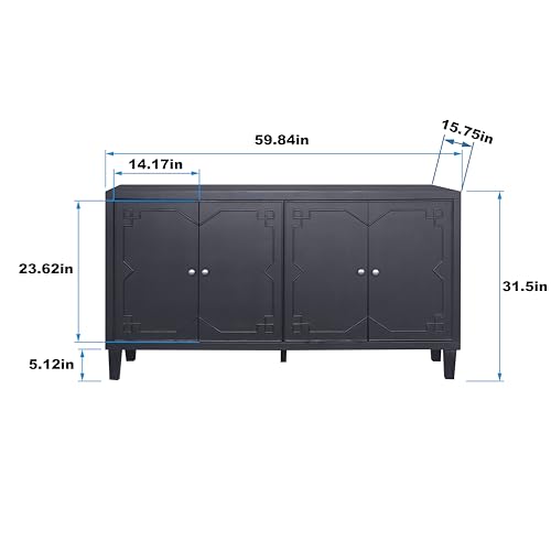 Sideboard Buffet Cabinet with Adjustable Shelves, 4 Shutter Doors, and Silver-Plated Handles, Classic Black Finish, Kitchen Storage Cabinet for Dining Room, Living Room