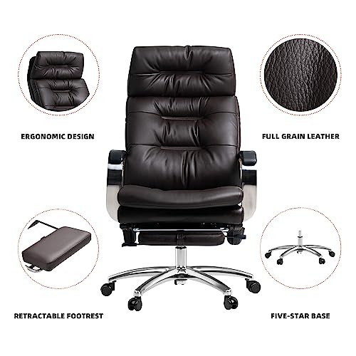 Kinnls Vane Office Chair with Footrest,Ergonomic Management Executive Fully Reclining Office Chair Double Thickened Upholstered Genuine Leather Home Desk Chairs (Without Massage-Coffee)