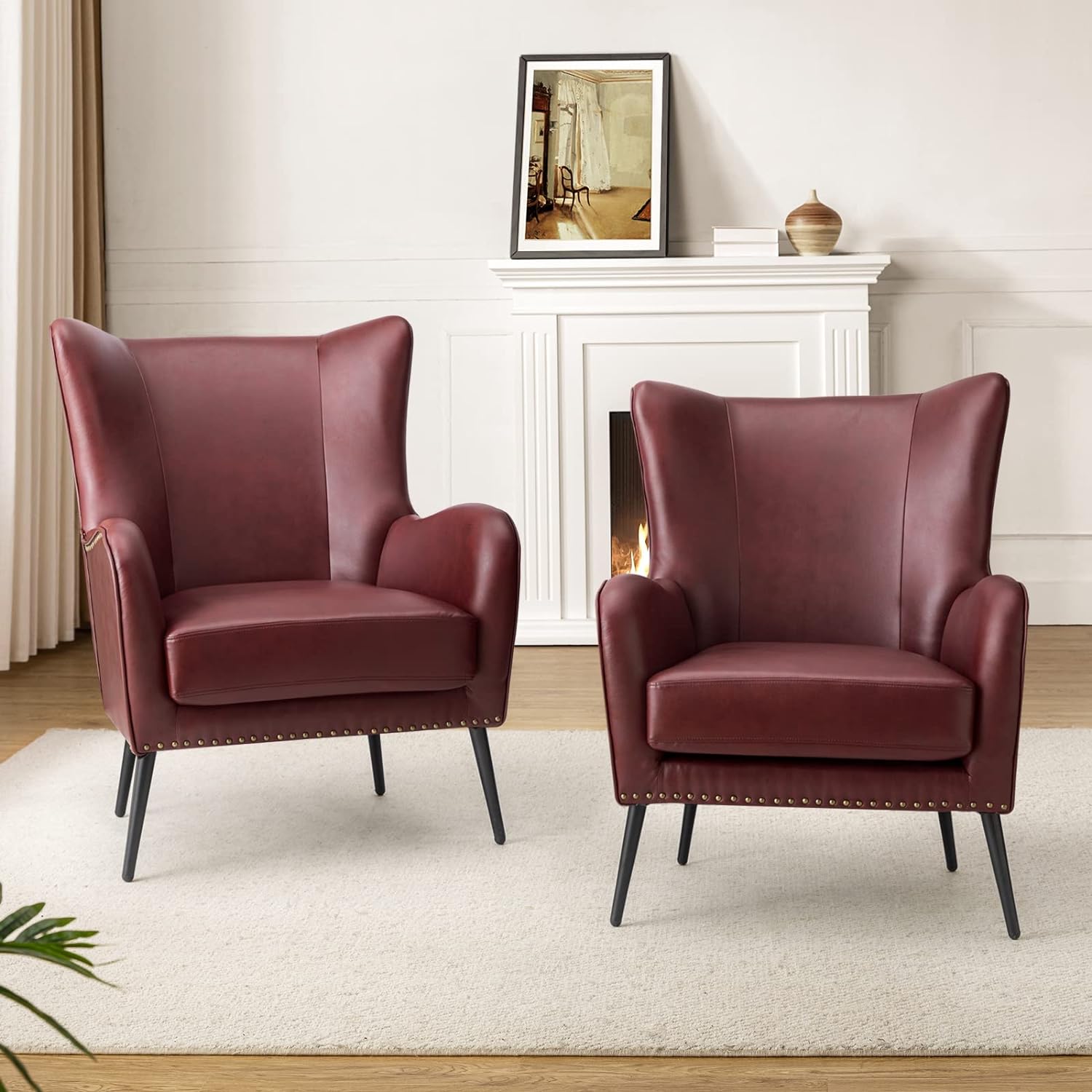 Faux Leather Accent Chair Set Of 2 W/Removable Cushion, Comfy Upholstered Armchair With Metal Legs & Nailhead Trim Wingback Vanity Chair Desk Chair For Reading Living Room Bedroom,BURGUNDY