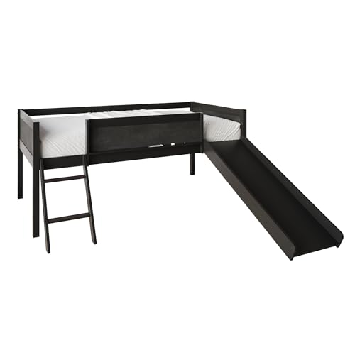Low Loft Bed with Slide, Climbing Ladder, Chalkboard, Wood Twin Loft Bed Frame with Guardrail for Kids Toddler Boys Girls, Antique Gray