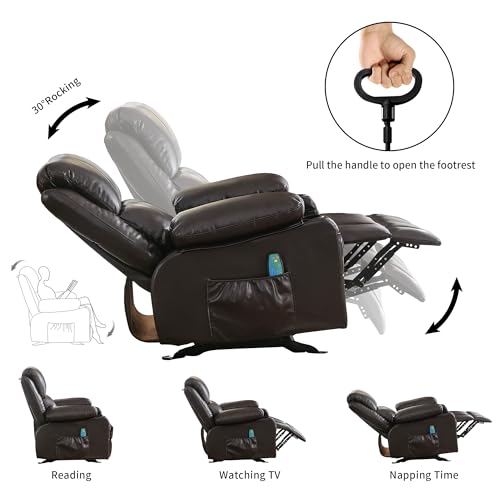 Leather Rocker Recliner Chair - Heated Recliner Chair with Massage Manual Recliner Chair Small Recliner Chairs for Adults Rocking Chair with Footrest Rocking Recliner Chair for Nursery (Brown)