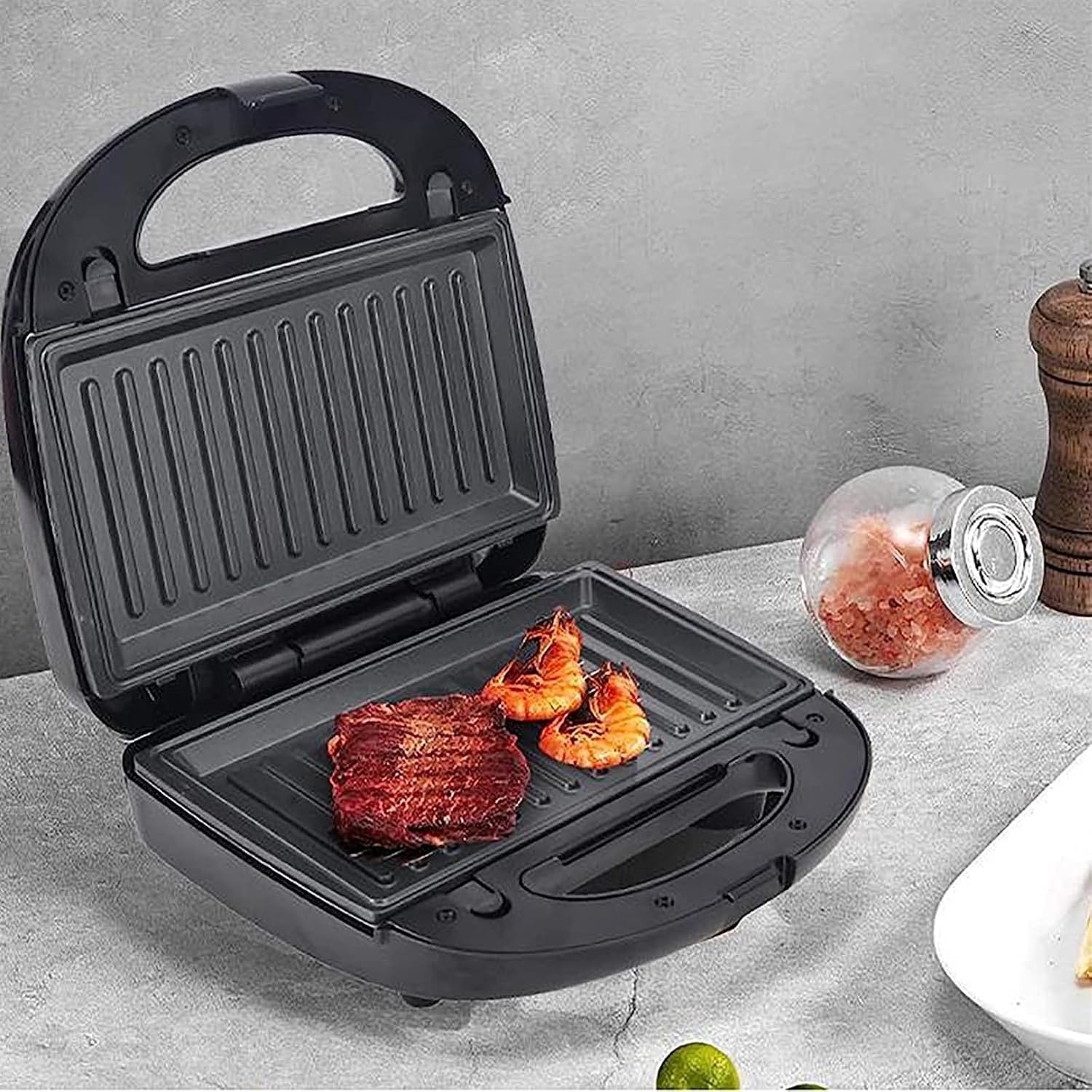 Sandwich Maker, 750W Sandwich Maker with 6 Interchangeable Plates and Non-Stick Coating, Cool-touch Integrated Handles, for Sandwiches, Steaks, Croissants, Mini Waffles