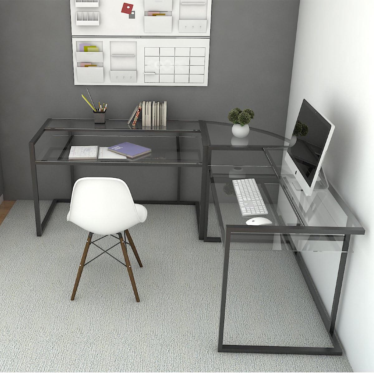 Ryan Rove Belmac Glass Large Modern L-Shaped Desk Corner Computer Office Desk for Small PC Laptop Study Table Workstation Home Office with Keyboard Shelf - Black Frame and Clear Glass