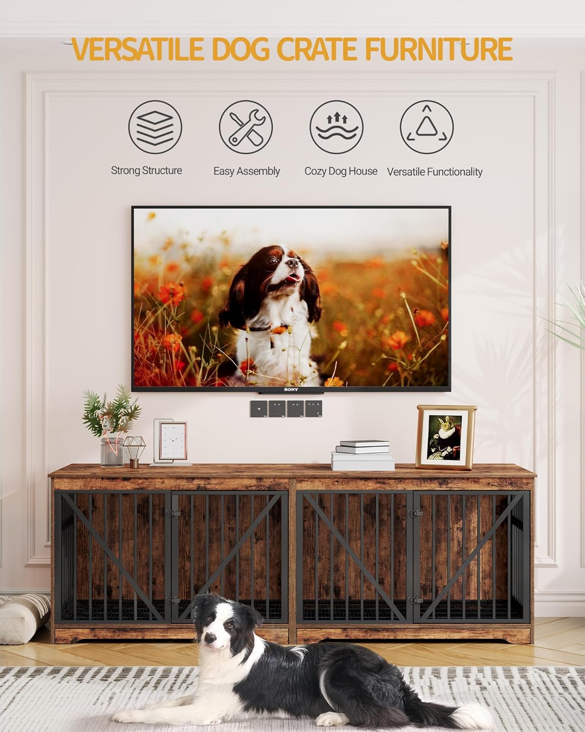 76.4" Dog Crate Furniture with Divider for 2 Dogs, Large Dog Kennel Indoor with Adjustable Door, Tray, Wood Dog Crate End Side Table for Small Medium Large Dog, Anti-Chew Anti-Escape, Brown