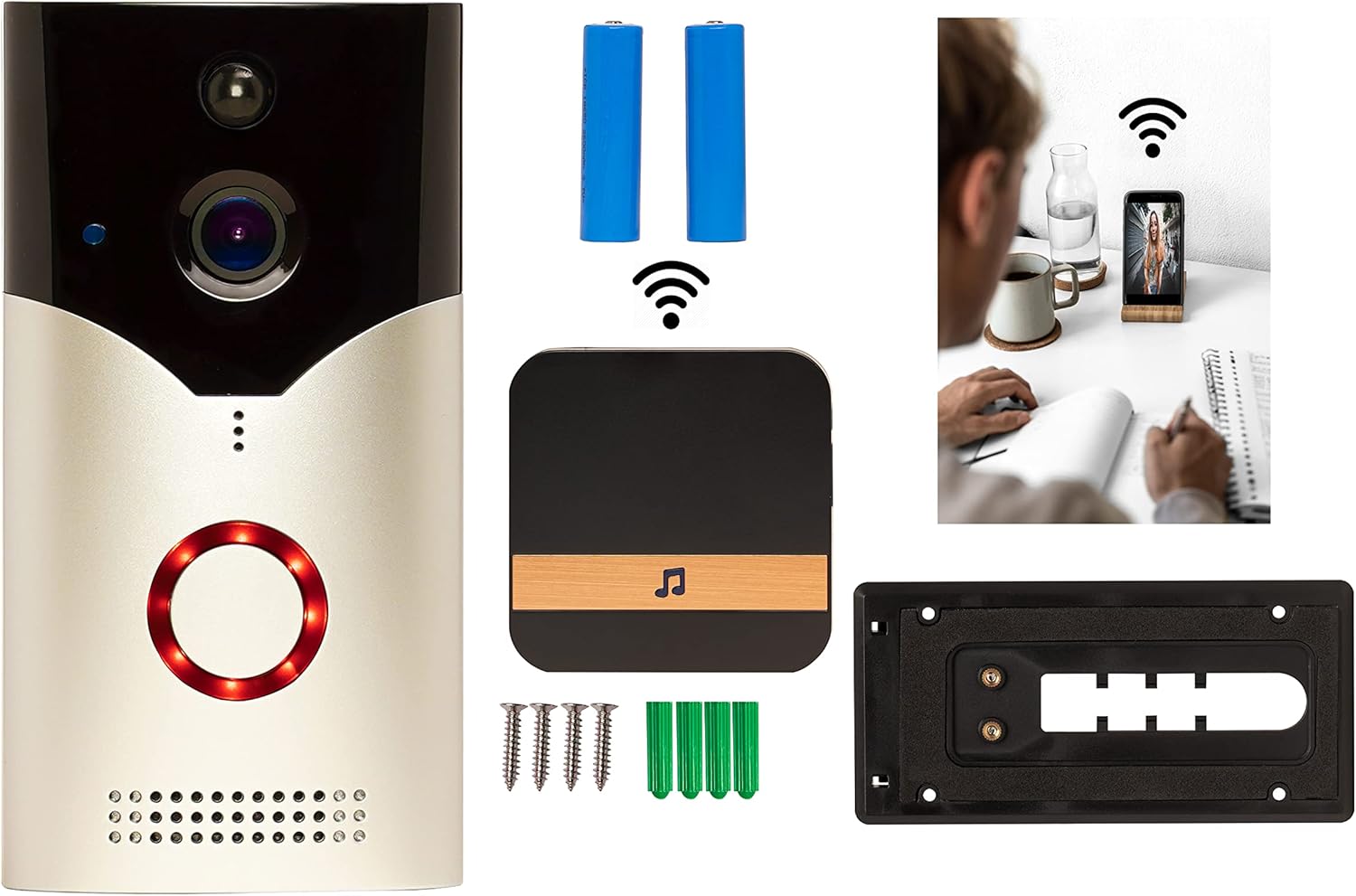 WiFi Doorbell Camera Wireless, Doorbell Motion Detection, Noise Cancellation Audio & Speaker, NightVision iOS & Android, Waterproof Doorbell Camera & Chime & Rechargeable Batteries (Doorbell & Chime)