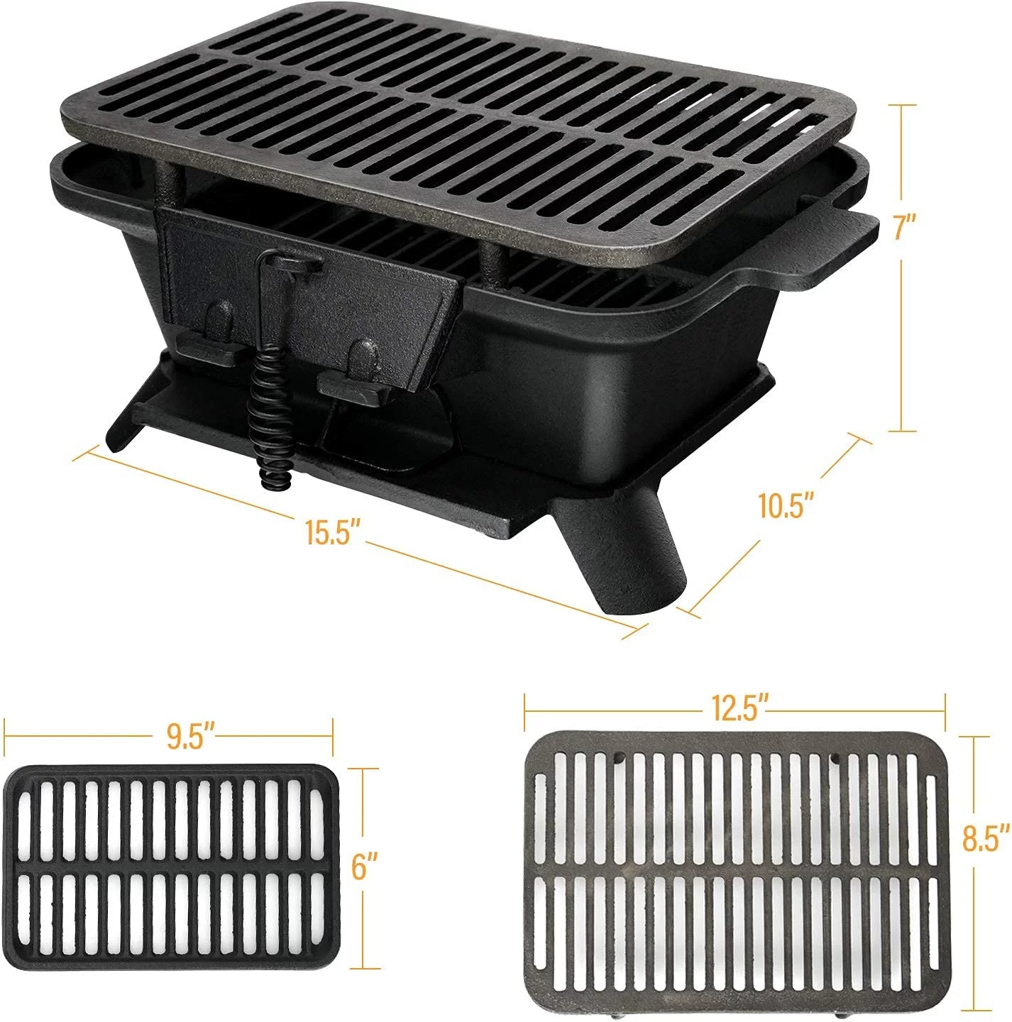 Charcoal Grill Portable Barbecue Smoker Grill, Cast Iron Hibachi Grill with Double-sided Grilling Net Air Regulating Door Fire  for Outdoor Cooking Camping Hiking Party