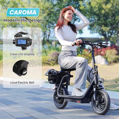 Caroma Peak 800W/1200W Electric Scooter Adults, 30 Miles Max Range, Foldable Electric Scooter with Seat, Front Suspension, Detachable Large Basket,Commuter E-Scooter for Adult and Teens