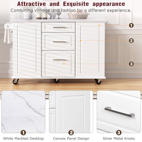 60" Kitchen Island with Drop Leaf and Power Outlet, Rolling Kitchen Cart on Wheels with Trash Can Storage Cabinet, Spice Rack, Towel Rack and Adjustable Shelf for Dining Room