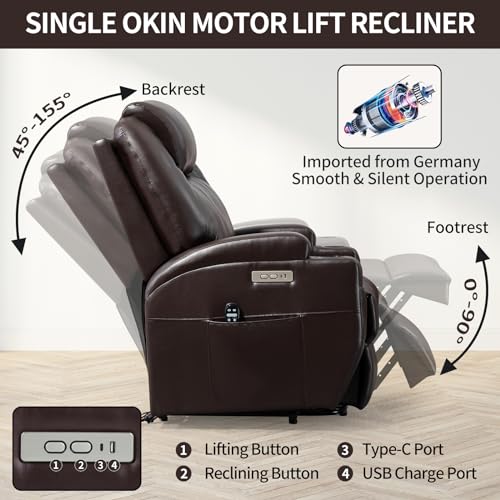 Power Lift Recliner Chair for Elderly with Heat and Massage, Remote Control, 2 Cup Holders, USB Charge Port, Side Pocket, Adjustable Motorized Home Theater Single Seat Modern (Black)
