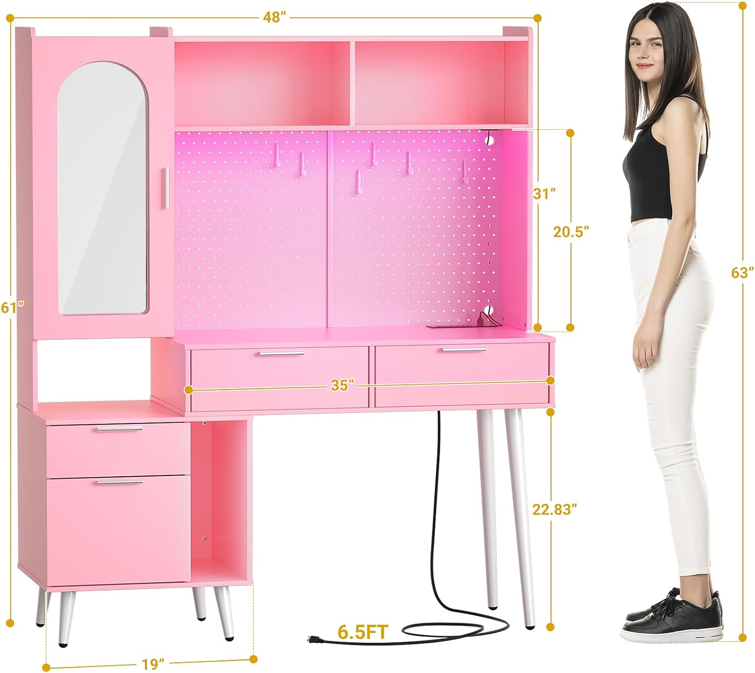 Homieasy Vanity Desk with Mirror & LED Light & Charging Station, 48 Inch Large Makeup Vanity with Ample Storage, Vanity Table with Drawers, Cabinet, Pegboard, Shelves, Storage Hutch, Pink