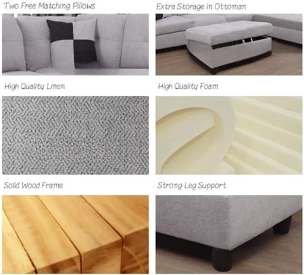 3 PCS L-Shaped Sectional Couch Sofa Set, Linen Fabric Living Room Set with Storage Ottoman and Match Pillows (Left Hand Facing, Grey White)