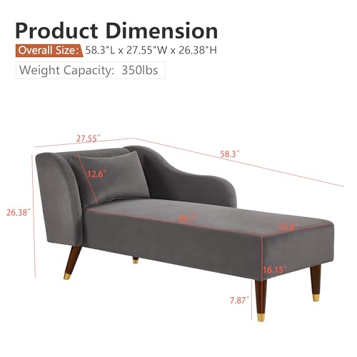 58" Chaise Lounge Indoor, Velvet Upholstered Left Arm Chaise Lounge Chair with Curved armrest & Pillow, Modern Bench Chaise Lounge Sofa for Bedroom Living Room Office, Beige