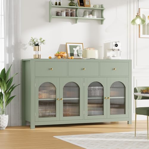 FINETONES Buffet Cabinet with Storage, 55.1" Large Sideboard Buffet Farmhouse Kitchen Cabinet with 3 Drawers and 4 Doors, Wood Coffee Bar for Kitchen, Black