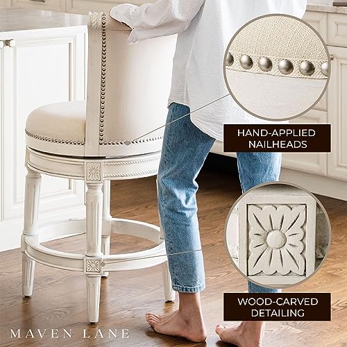 Maven Lane Pullman 31 Inch Tall Bar Height Upholstered Barstool with Back in Weathered Oak Finish with Sand Color Fabric Cushion Seat, Set of 3