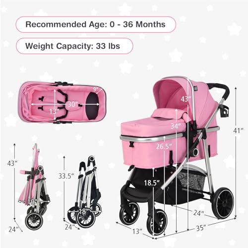 BABY JOY 2 in 1 Convertible Baby Stroller, High Landscape w/Reversible Seat, Removable Footmuff, Adjustable Backrest & Canopy, Foldable Infant Pram Stroller for 0-36 Months Babies, Pink