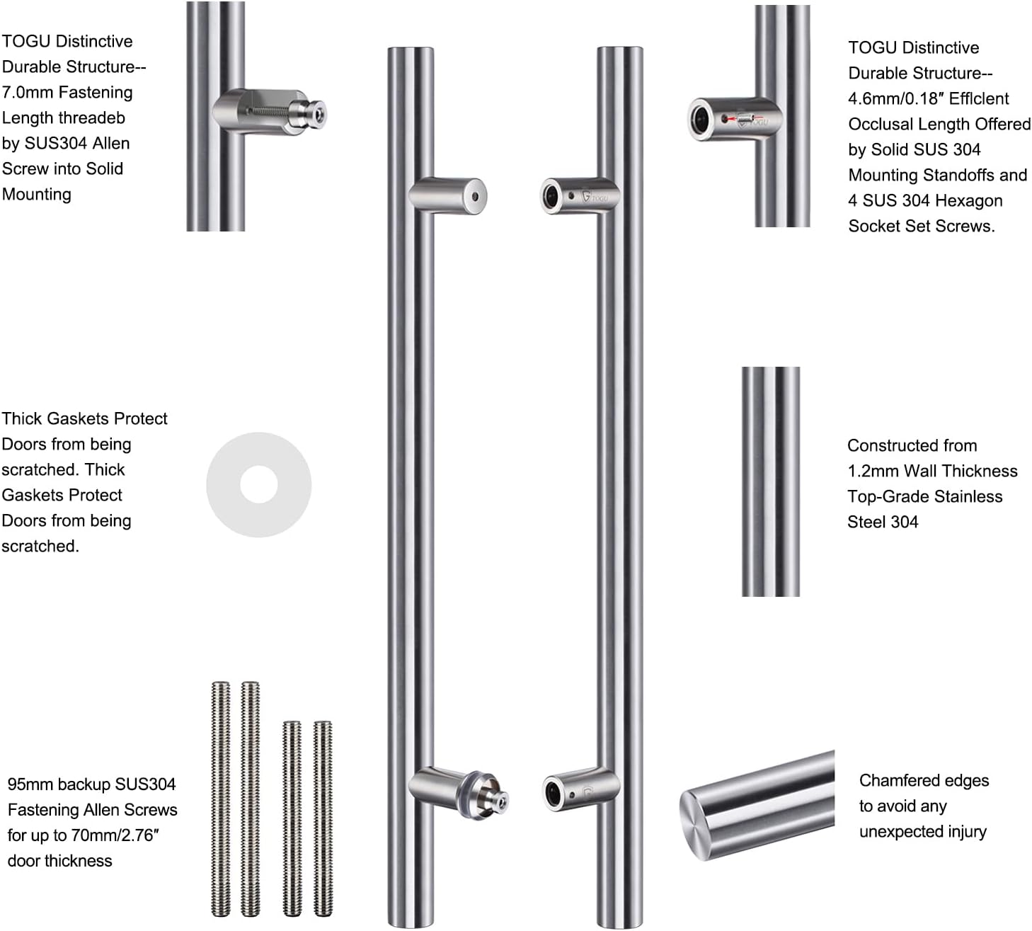 TOGU TG-6012 36 inches Solid Standoffs Heavy-duty Commercial Grade-304 Stainless Steel Push Pull Door Handle/Barn Door Pull Handle/ Glass Pulls , Full Brushed Stainless Steel Finish