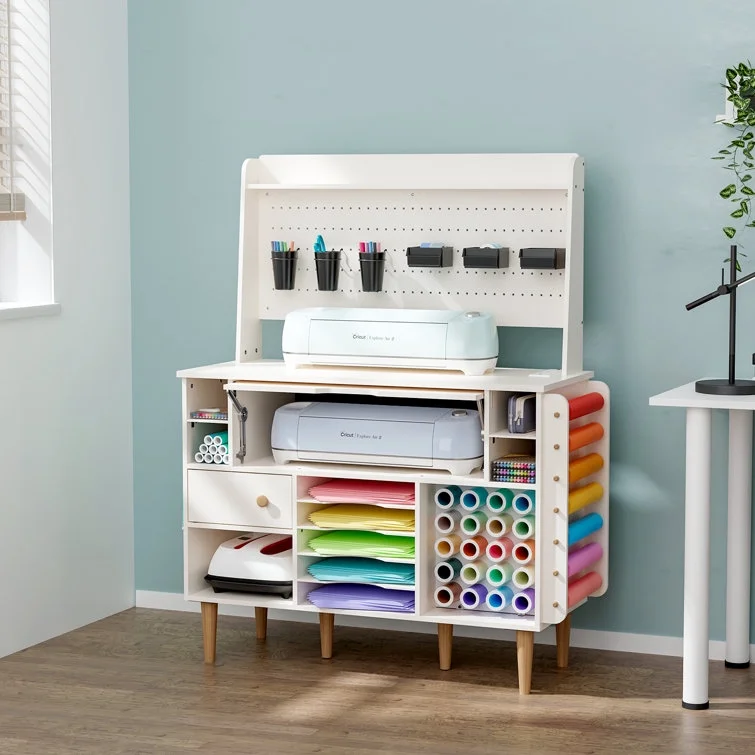 Organization and Storage Cabinet Compatible with Cricut Machines, Craft Cabinet Table Crafting Desk Organizer with Charging Station, Pegboard, Vinyl Roll Holders, Large Craft Room Furniture