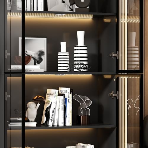 MOUMON Glass Display Cabinet with Lights & 4 Pop-up Doors, Glass Cabinet Display Case with 5-Tier Storage Shelves, for Living Room Hallway Black (31.5”W x 14.2”D x 78.7”H)