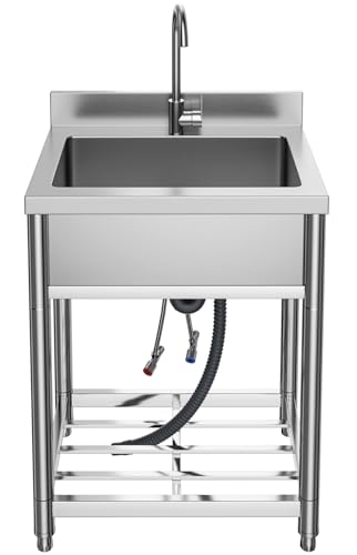 Stainless Steel Commercial Kitchen Sink, Free Standing, Single Bowl Sink Basin with Cold & Hot Water Faucet, Indoor and Outdoor Sink, 21.7 in