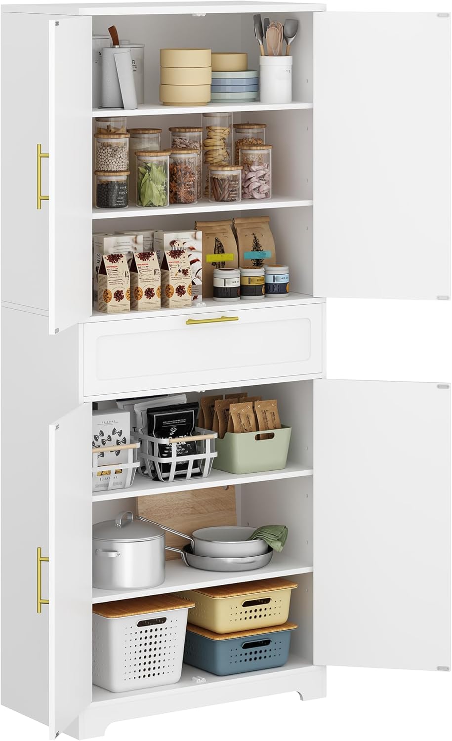 71" Kitchen Pantry Storage Cabinet, Tall Storage Cabinet with Adjustable Shelves, 1 Drawer, 4 Doors, Freestanding Cupboards Sideboard for Dining Room, Living Room, Laundry, White PT18103X