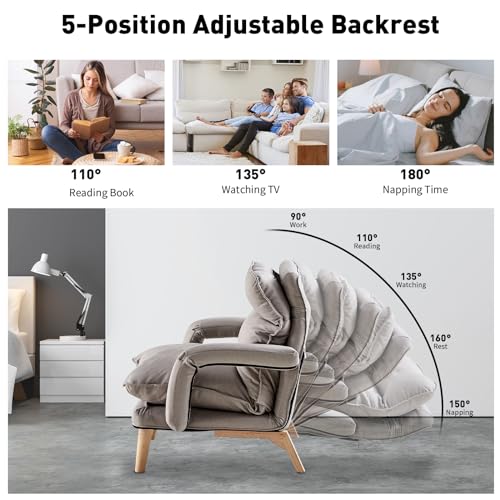 Linen Accent Chair with Ottoman, Adjustable Lounge Chair with Footstool and Soft Cushion, Leisure Sofa Armchair with Wooden Legs, Comfy Relaxing Chair for Lounge, Living Room, Office (Gray)