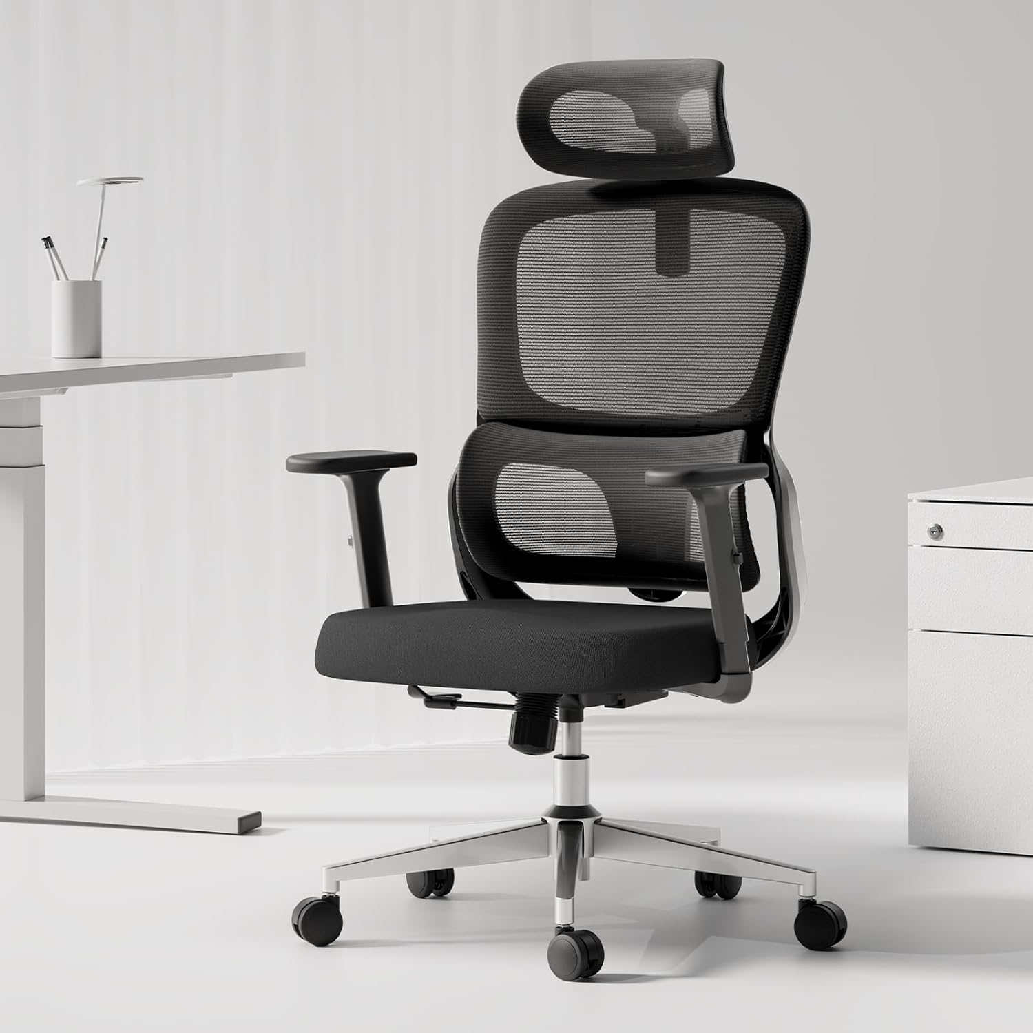 Hbada Office Chair, Ergonomic Chair with Adjustable 2D Armrest, Swivel Office Chair -Adjustable Headrest with Lumbar Support and PU Wheels Black