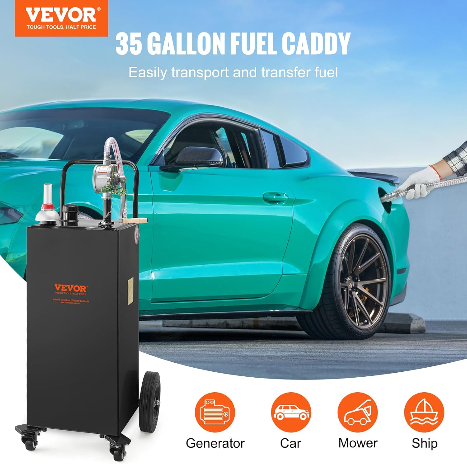 VEVOR Fuel Caddy, 35 Gallon, Gas Storage Tank on 4 Wheels, with Manual Transfer Pump, Gasoline Diesel Fuel Container for Cars, Lawn Mowers, ATVs, Boats, More, Black