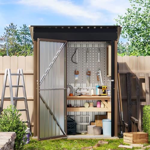 10X12X7.5 FT Outdoor Steel Storage Shed with Lockable Doors, 2 Windows, Transparent Roof Panels (Wood Panels & Frame Floor Not Included), Ideal for Patio Storage,Garbage Can, Chicken Coop，Brown
