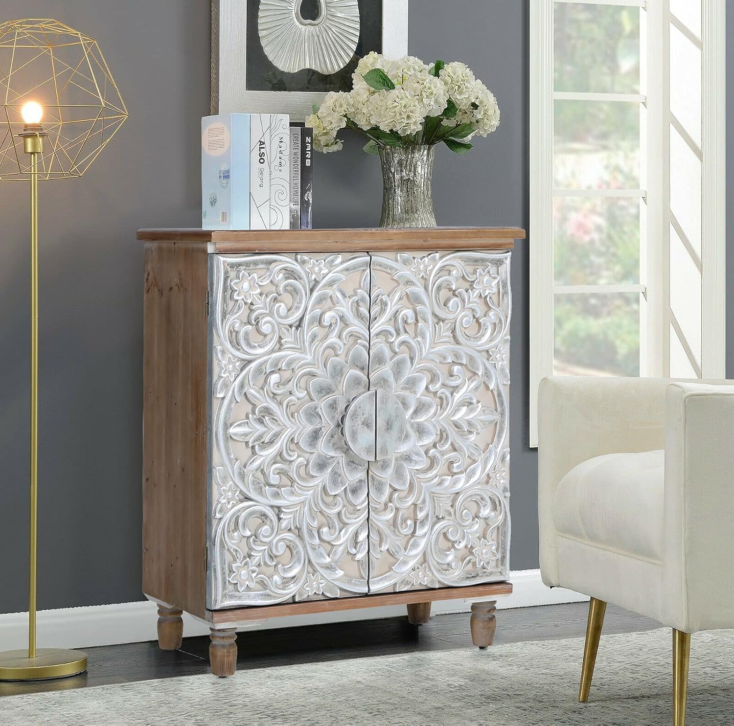 MAISON ARTS Accent Storage Cabinet with 2 Doors for Living Room Bedroom Buffet Sideboard Decorative Distressed Farmhouse Kitchen China Cabinet with Hollow Carved Doors, Hollow Carved Blue,Teal