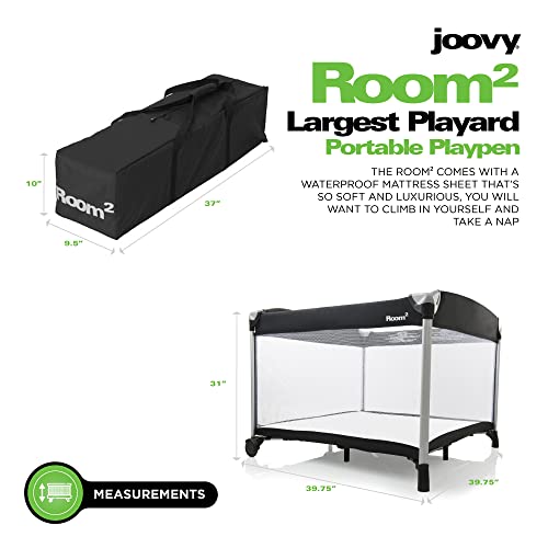 Joovy Room² Large Portable Playpen for Babies and Toddlers with Nearly 10 sq ft of Space, Large Mesh Windows for 360 View, and Waterproof Mattress Sheet - Folds Easily when Not in Use (Charcoal)
