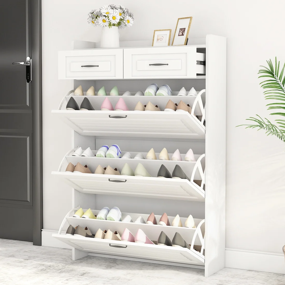 Yone jx je Shoe Cabinet for Entryway, White Narrow Shoe Storage Organizer with 3 Doors 2 Drawers,Flip Down Shoe Rack Wood 4 Tier Shoe Storage Cabinet for Hallway, Living Room,Home and Apartment