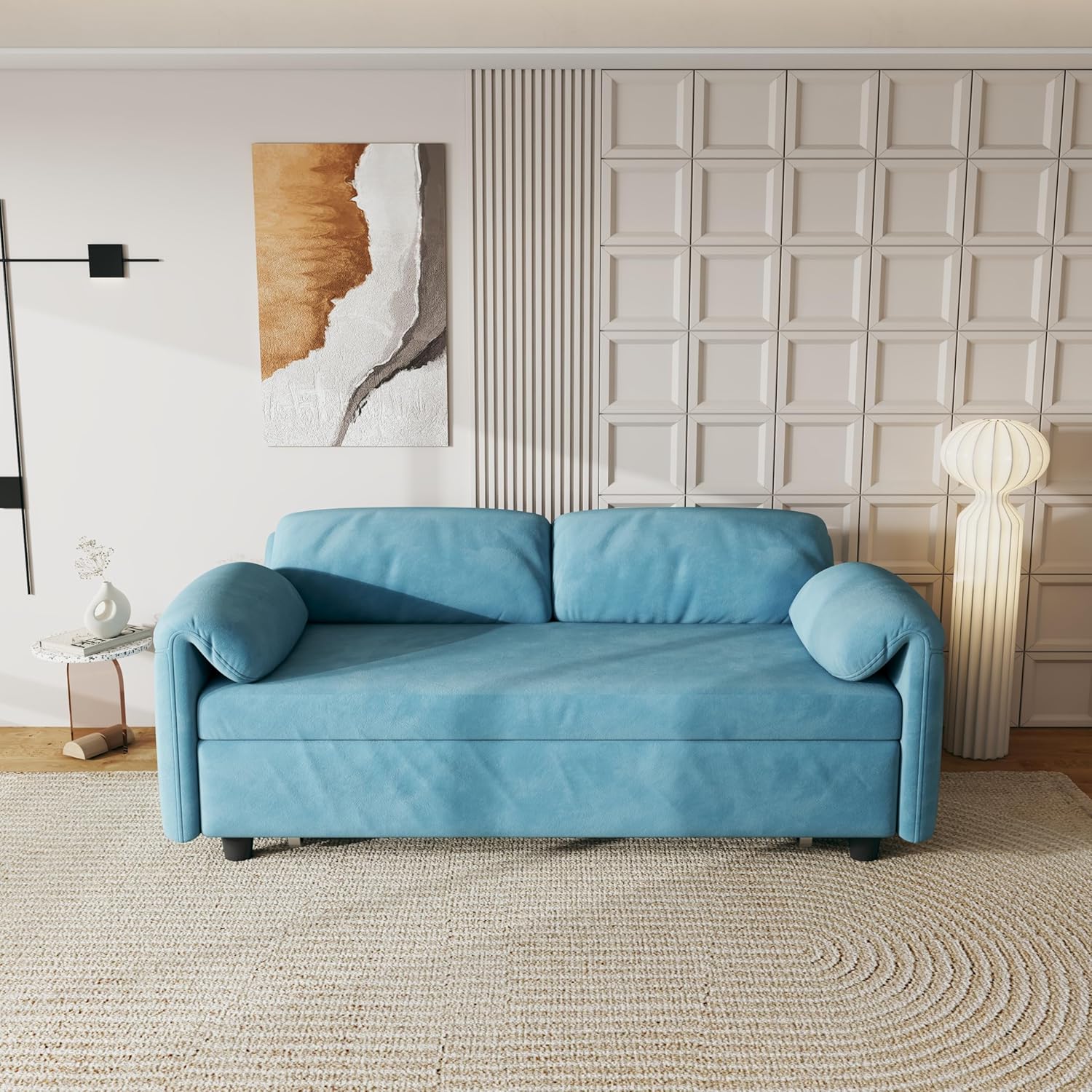 Convertible Sleeper Sofa with Pullout Bed, Upholstered Velvet Mini Couch w/Adjsutable Backrest & Side Pockets, 54" W Modern Sofa&Couches Futon Loveseat Single Recliner for Small Space, Blue