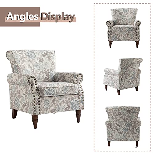HULALA HOME Modern Wingback Accent Chair with Wood Legs & Removable Cushion, Comfy Upholstered Armchair with Nailhead Trim, Floral Pattern Single Sofa Chair for Living Room Bedroom, Pink