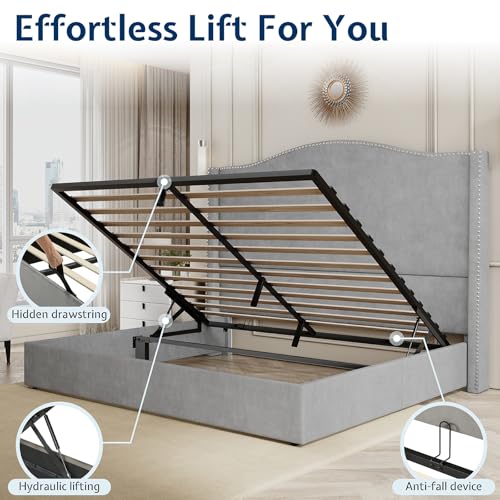 Jocisland Lift Up Storage Bed Queen Size, Upholstered Platform Bed Frame Tall Headboard Wingback, Hydraulic Lifting Underneath/Wood Slats Support (Black)