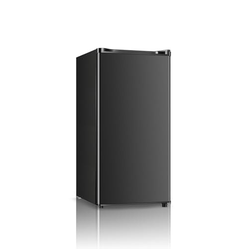 Seaoola Mini Fridge with Freezer, Single Door 3.1 Cu.Ft, Compact Mini Refrigerator, LED Light, Adjustable Thermostat, Removable Glass Shelves, Small Refrigerator for Dorm/Office/Bedroom(Black)