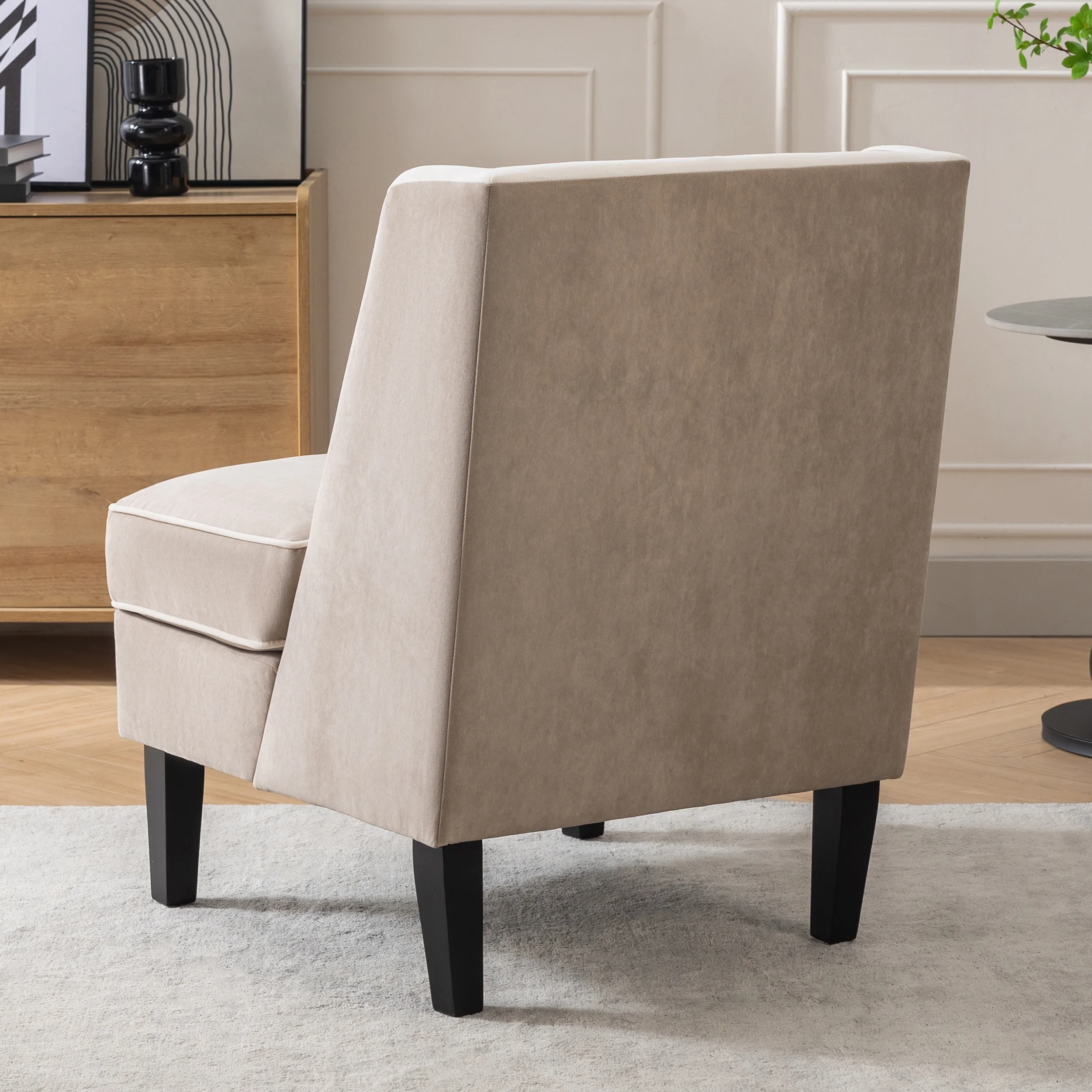 CoSoTower Velvet Upholstered Accent Chair with Cream Piping, Tan and Cream