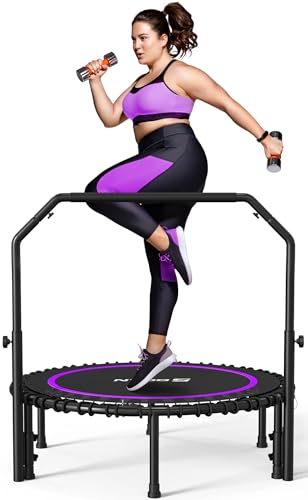 BCAN 450/550 LBS Foldable Mini Trampoline, 40"/48" Fitness Trampoline with Bungees, U Shape Adjustable Foam Handle, Stable & Quiet Exercise Rebounder for Adults Indoor/Outdoor Workout