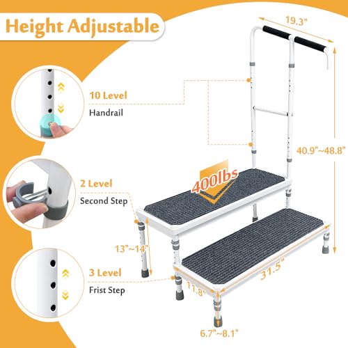 Bedside Steps for High Beds Assist Rail Medical Step Stool with Handle for Elderly Adults Bed Stairs Adjustable Step Platform Mobility Stepping Foot Stool for Bed Handicap 400lb Step Ramp