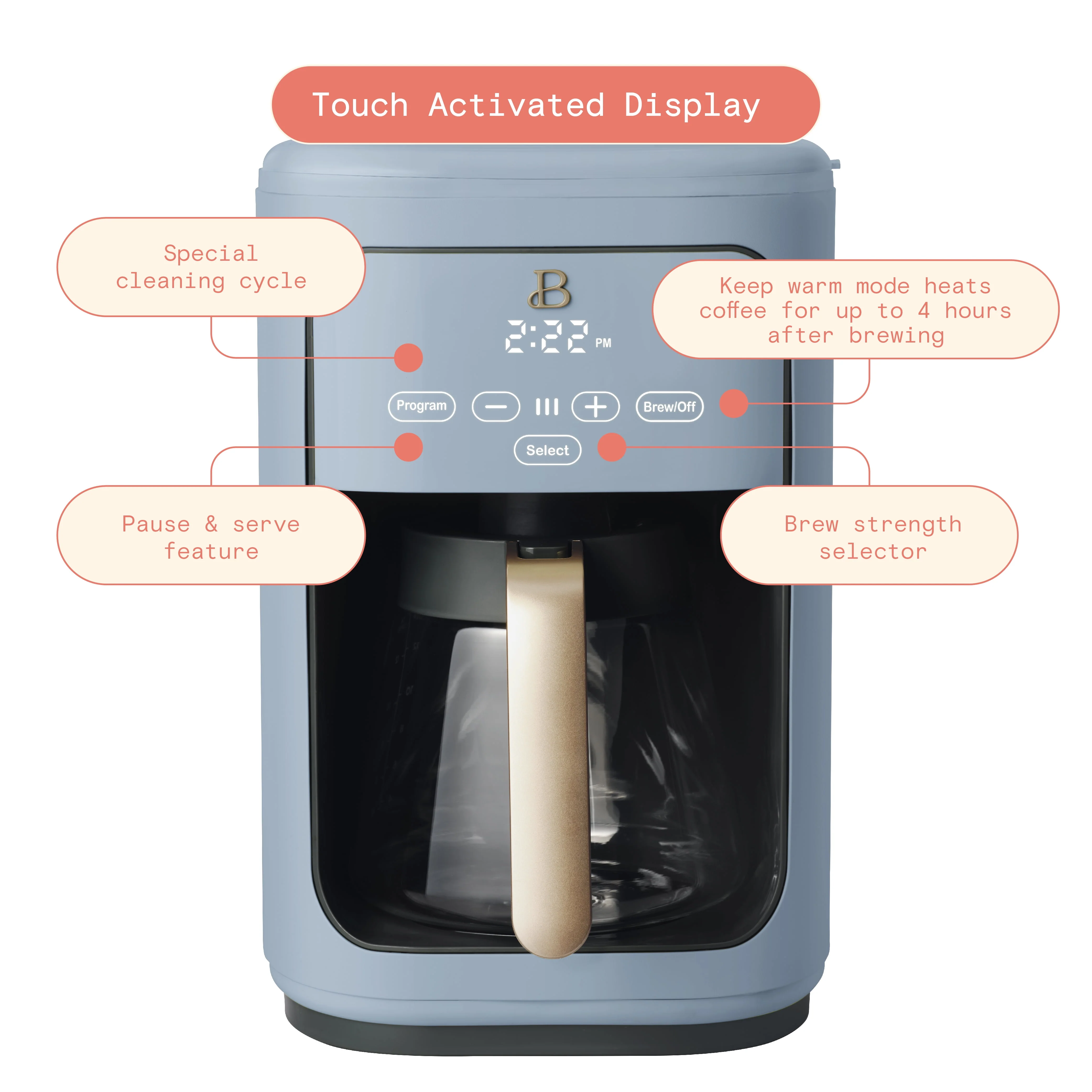 Beautiful 14-Cup Programmable Drip Coffee Maker with Touch-Activated Display, White Icing by Drew Barrymore