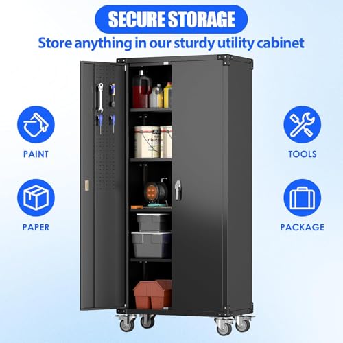 Aobabo Garage Storage Cabinet with Wheels,72" H Metal Storage Cabinet with 2 Doors and 4 Adjustable Shelves for Garage Home, Black,Required-Assembly