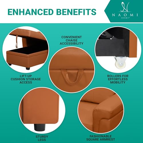 Naomi Home Jenny Sectional Sofa Sleeper with Storage Chaise, Tufted Pull Out Couch with Storage, L-Shaped Reversible Sleeper Sofa with Storage, Black,Air Leather