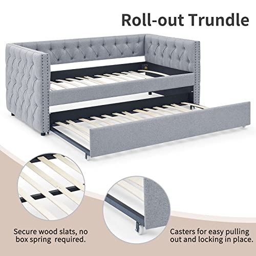 KIVENJAJA Twin Size Daybed with Trundle, Linen Fabric Upholstered Day Bed Frame Sofa Bed with Button Tufted & Nail Trimming for Living Room Guest Room (Twin, Beige)