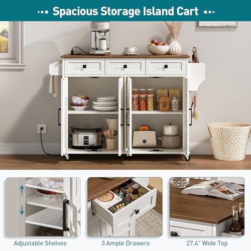 Kitchen Island with Drop Leaf, Kitchen Cart with Charging Station, Kitchen Table with Storage, Rolling Island Table with 3 Drawers, Towel Rack and Spice Rack, White and Walnut