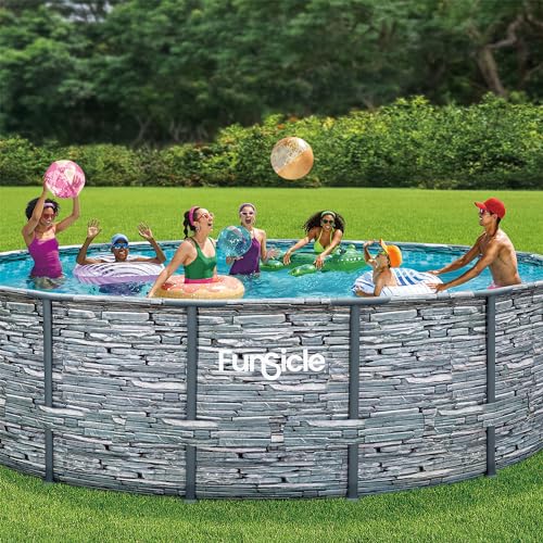 Funsicle 14' x 42" Oasis Designer Round Frame Above Ground Outdoor Swimming Pool Set with SkimmerPlus Filter Pump, Ladder, and Pool Cover, Gray