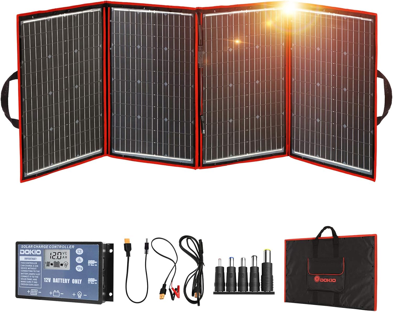 DOKIO 220w 18v Foldable Solar Panel Kit (Lightweight 9lb) Monocrystalline Solar Cell with Controller 2 USB Outputs to Charge 12 Volts Batteries/Power Station (AGM Lifepo4 Jackery) RV Camping Marine