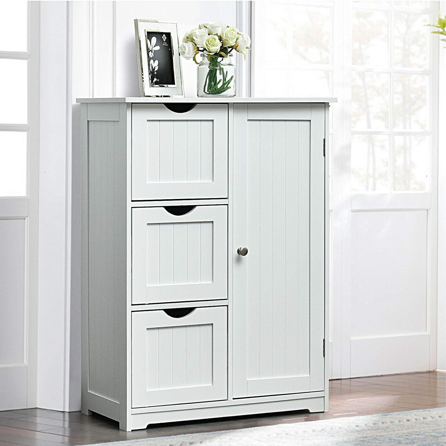 Elegant Design Multifunction Freestanding Bathroom Floor Cupboard Cabinet Storage Organize with 3 Drawer Adjustable Sturdy Durable for Toilet, Living Room, Bedroom, Corridor, Office White