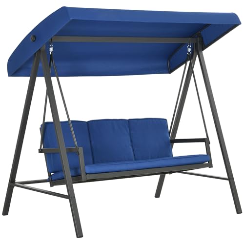 Outsunny 3-Seat Outdoor Porch Swing with Stand, Heavy Duty Patio Swing Chair with Adjustable Canopy, Removable Cushions, Breathable Mesh Seat for Garden, Backyard, and Poolside, Beige